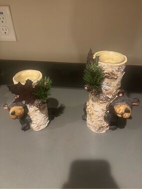 Woodland Bear Birch Log Candle Holders - Brown
